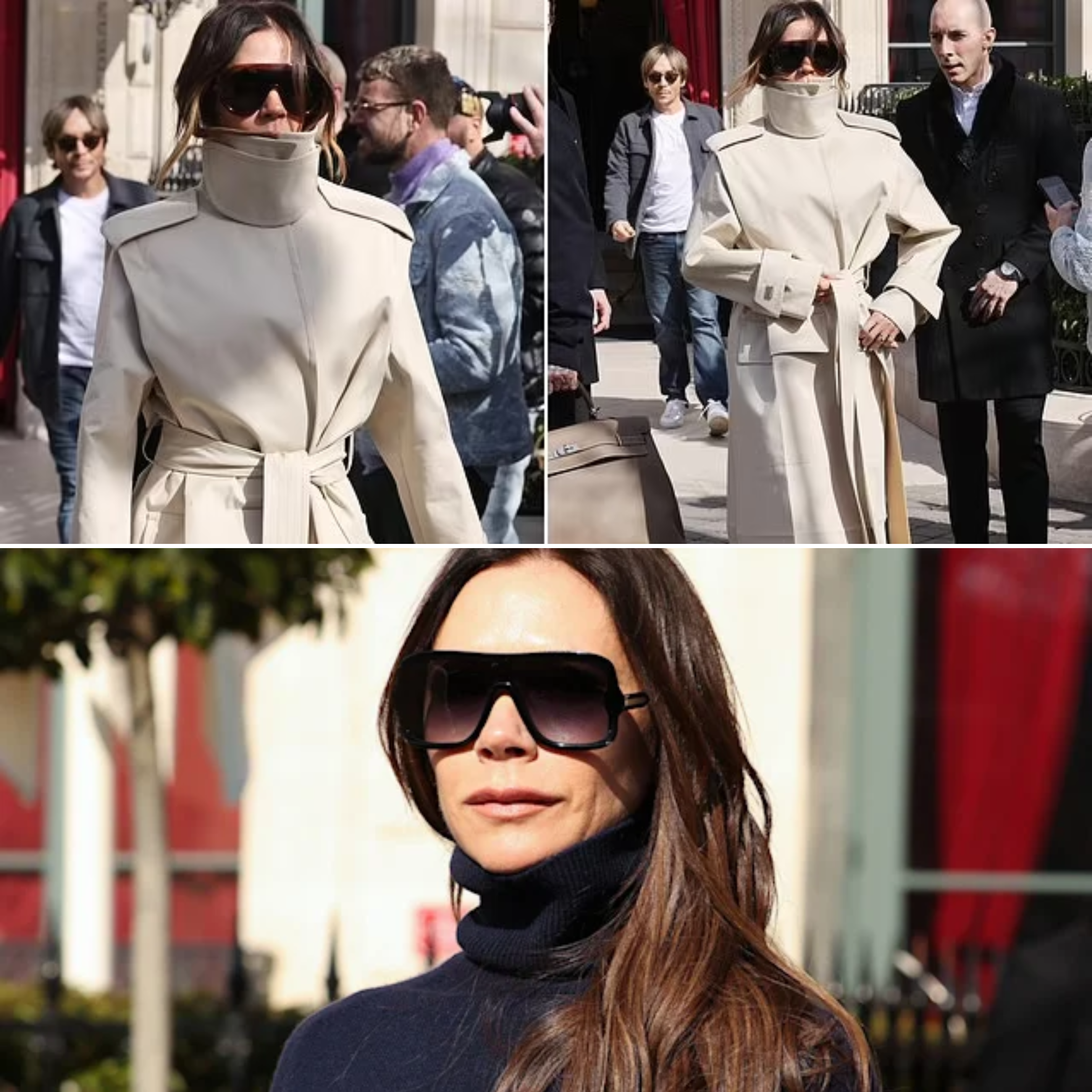 Victoria Beckham wraps up in a stylish cream maxi coat as she departs her hotel alongside her famous family following Paris Fashion Week show